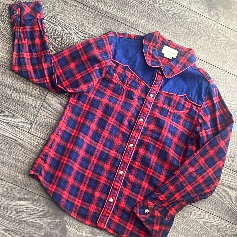 Gucci Kids Plaid Button Up Shirt - Red and Blue